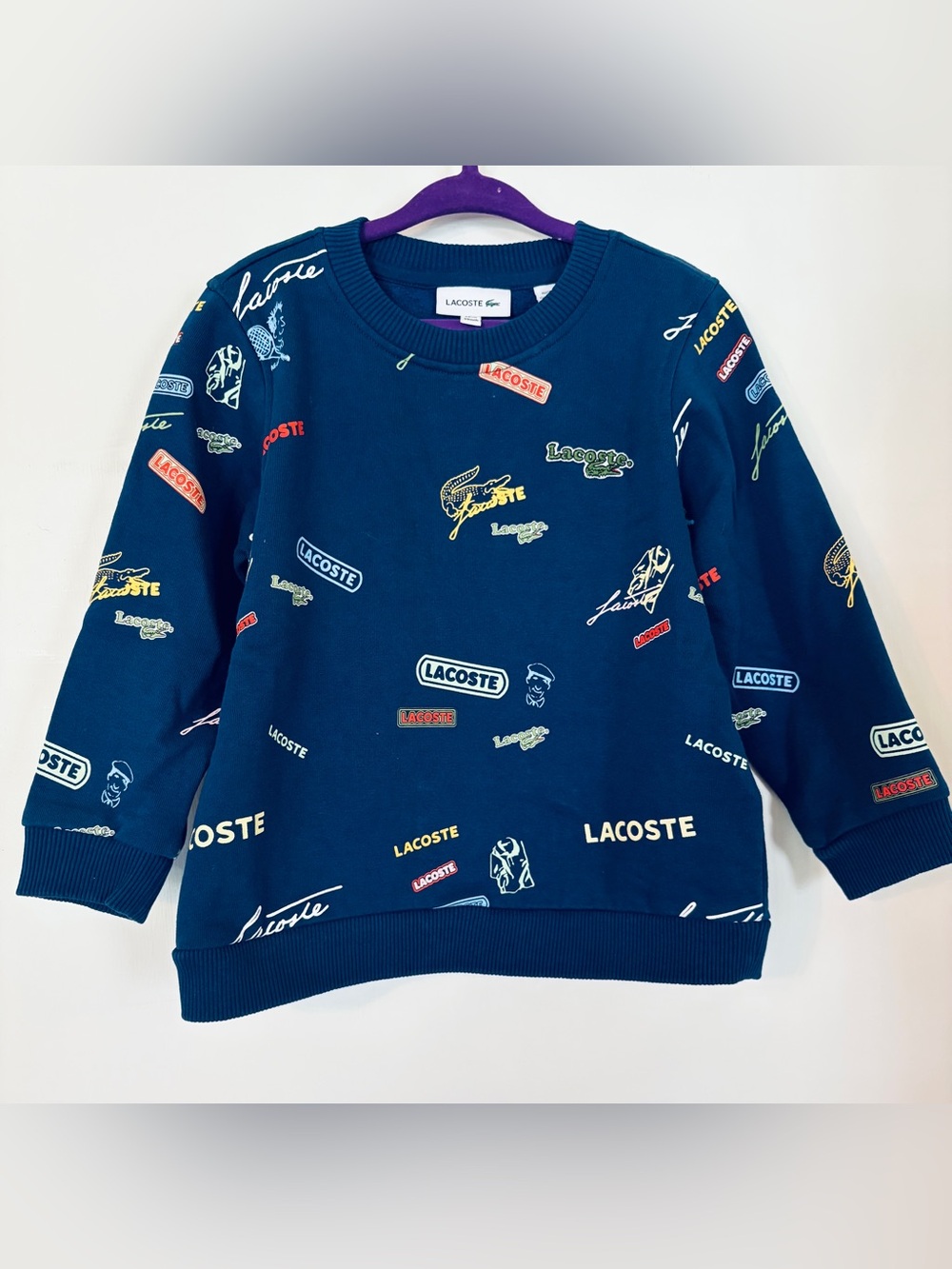 Kids Lacoste Logo Print Pullover Crewneck Sweatshirt 3 3T Navy EUC
